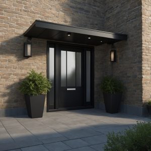 Modern over-door canopy above black door, with outdoor lights and planters against a brick wall backdrop.